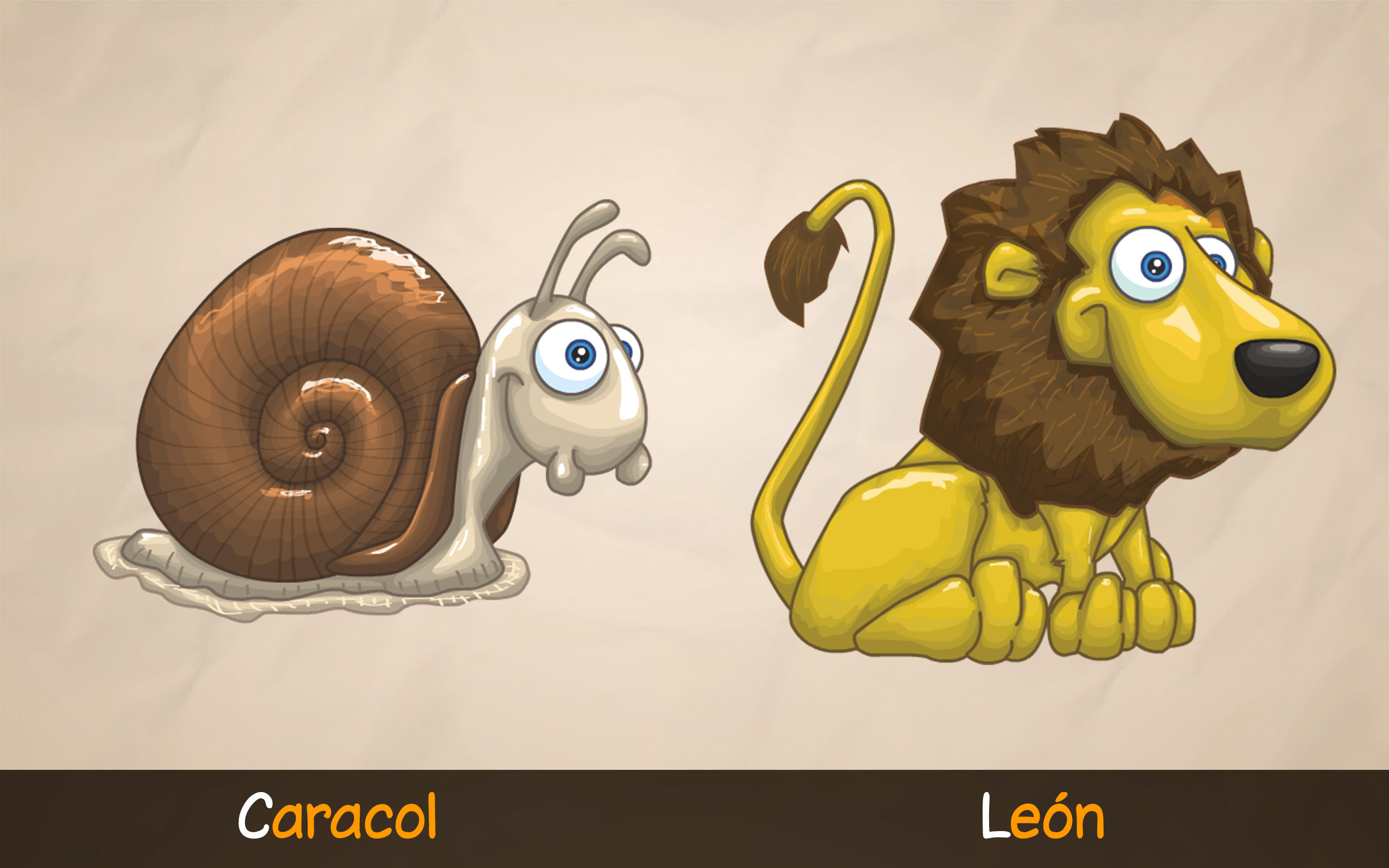 Ilustraciones de un caracol y un león para aprender la letra L con la aplicación educativa ABC con Yeti.
