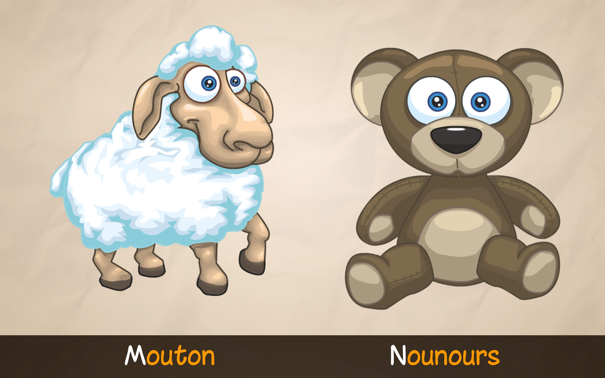 Illustrations d'un mouton et d'un nounours dans l'application éducative ABC avec Yeti pour apprendre les lettres et enrichir le vocabulaire.