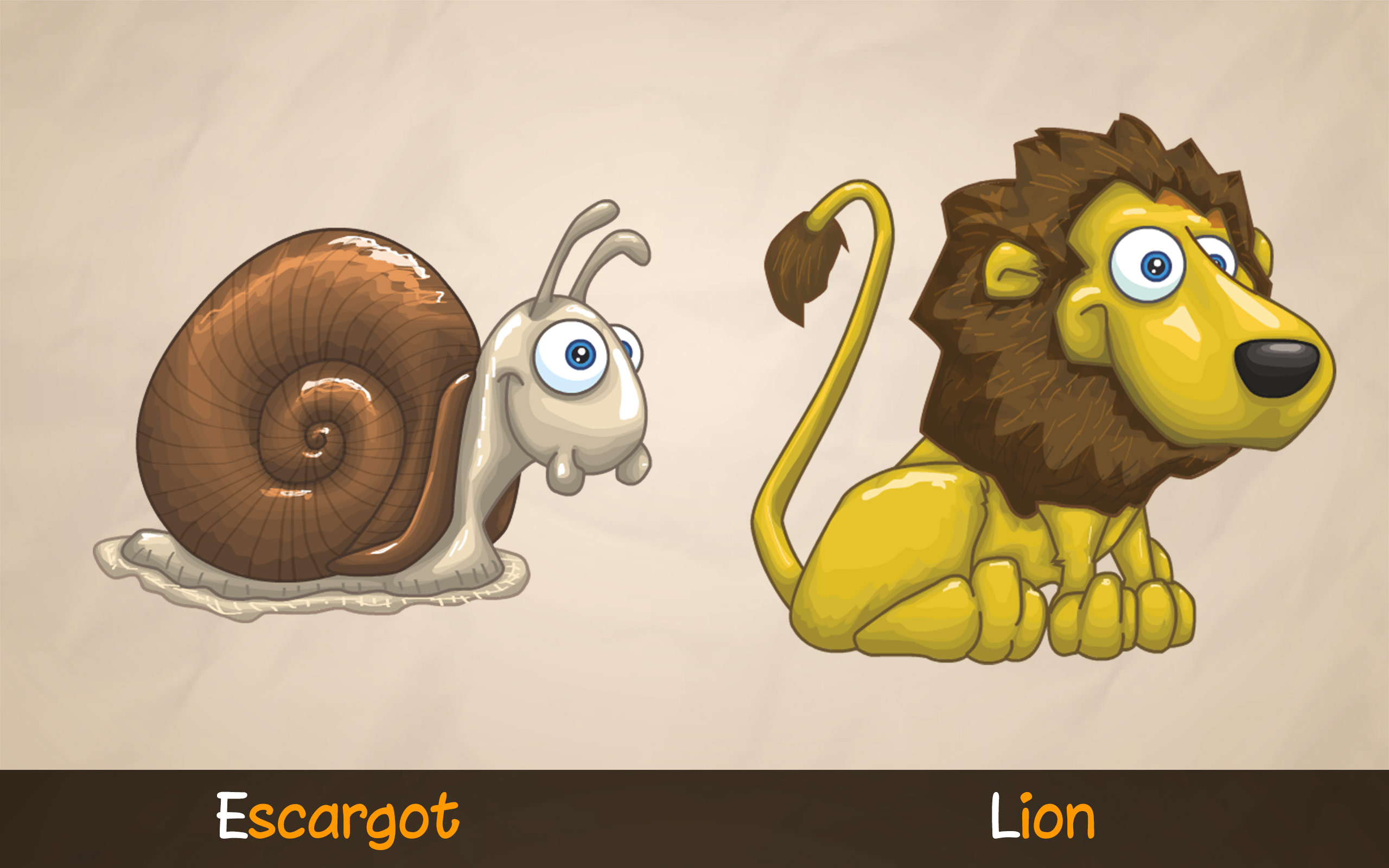 Illustrations d'un escargot et d'un lion dans l'application éducative ABC avec Yeti pour apprendre les lettres et enrichir le vocabulaire.