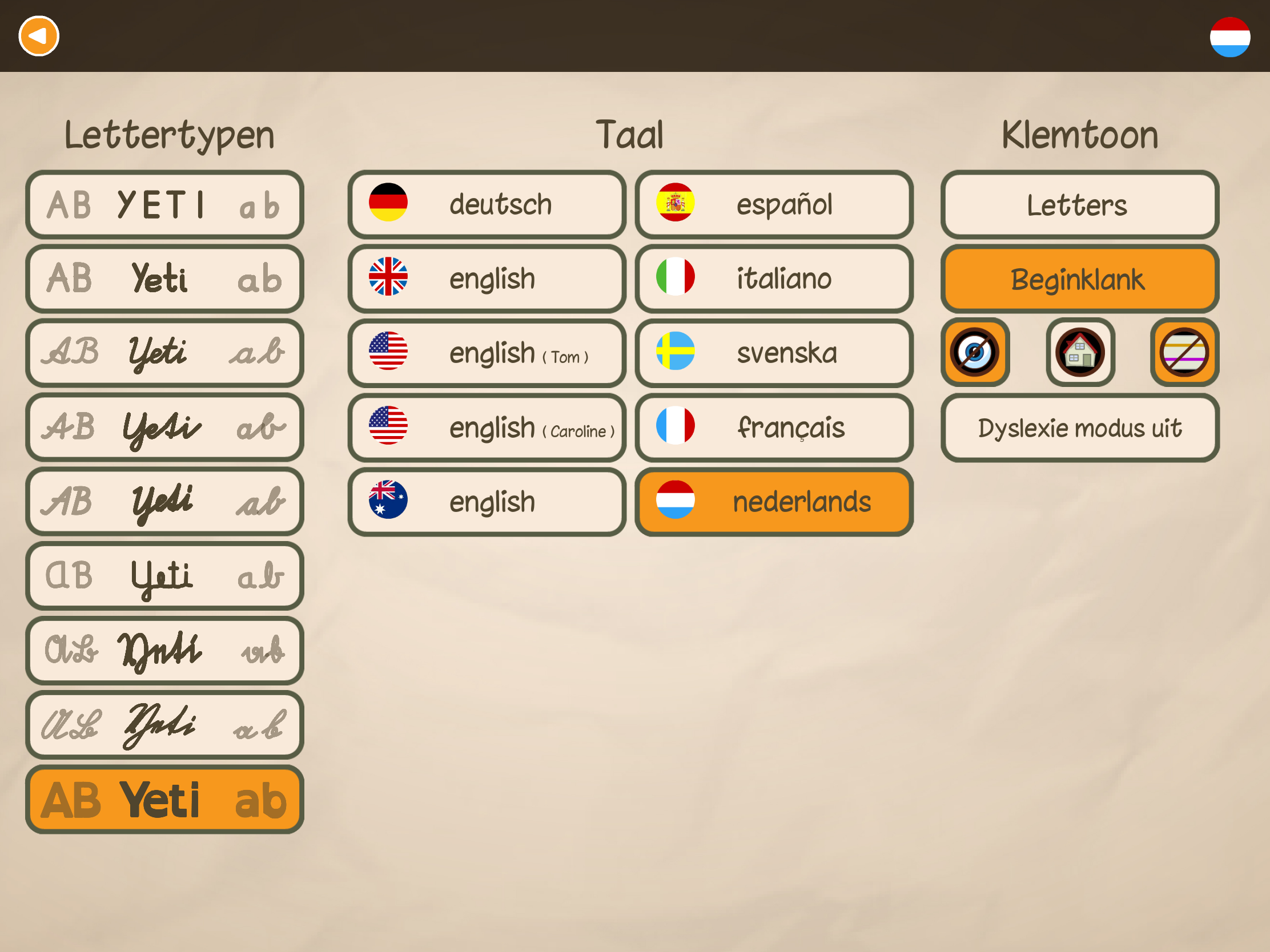 Instellingen van ABC met Yeti met keuze uit 9 lettertypen, 7 talen, beginklanken en dyslexiemodus.