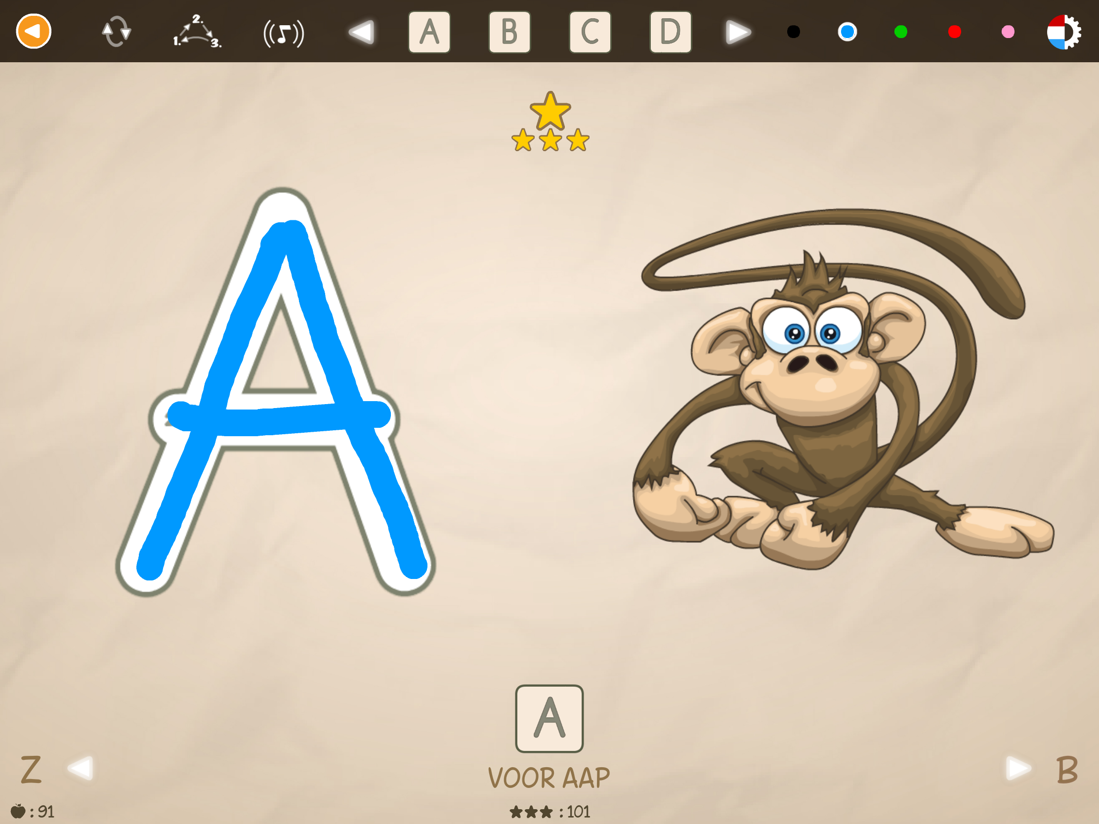 Kind leert de letter A schrijven met een illustratie van een aap in de educatieve app ABC met Yeti.