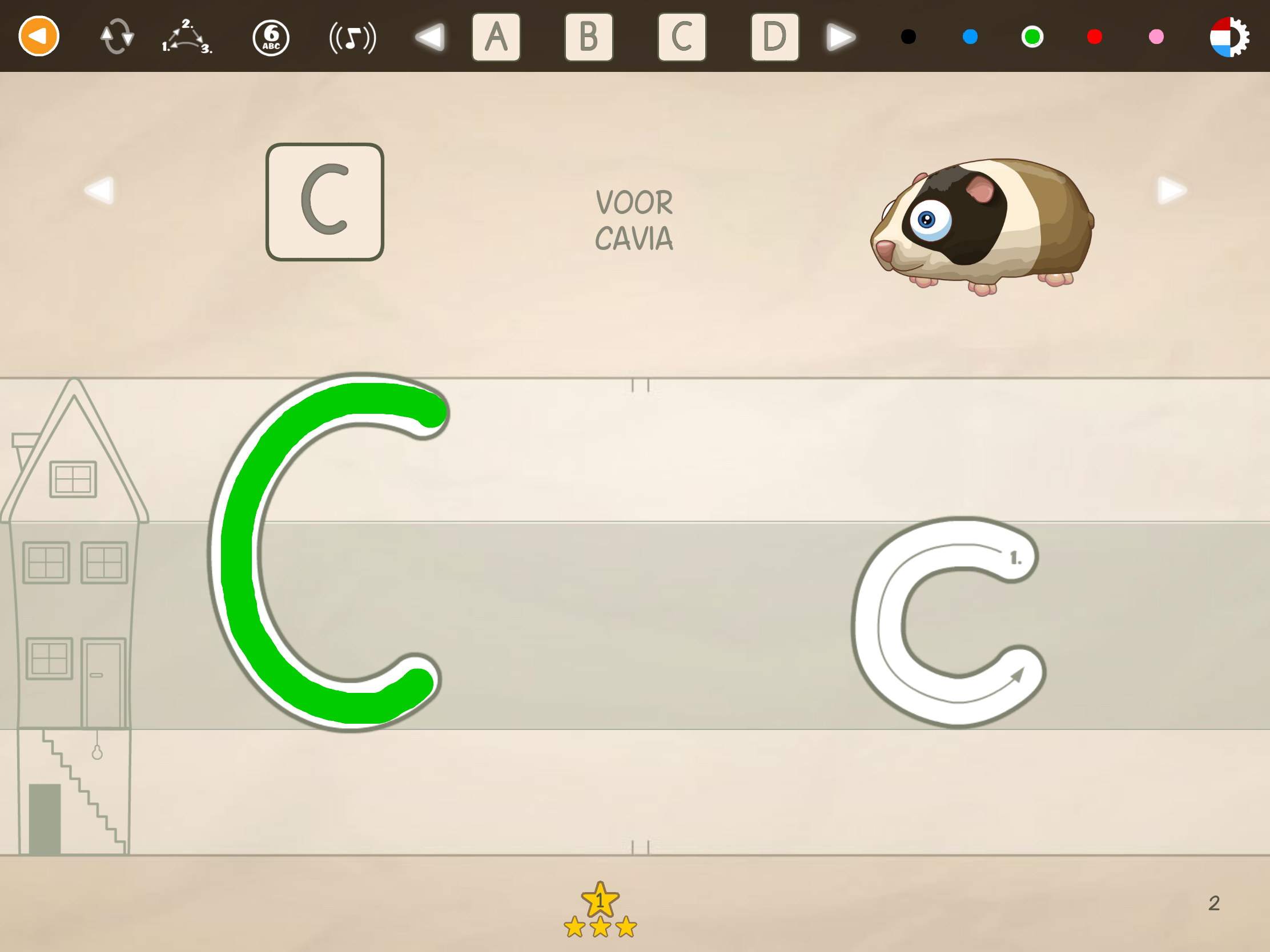 Kind oefent de letter C schrijven met een cavia in de educatieve leerapp ABC met Yeti.