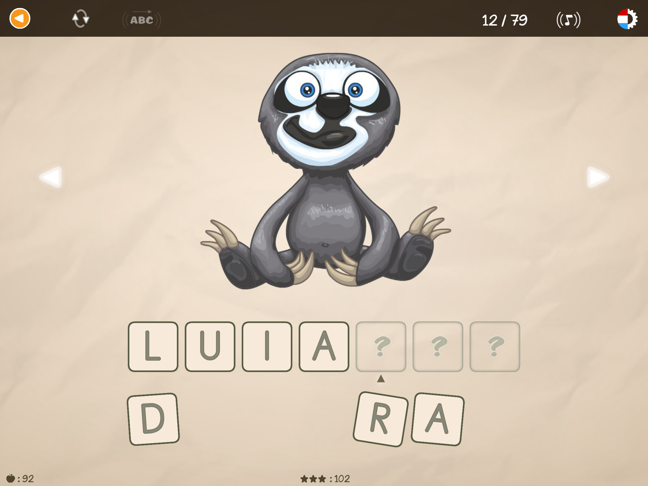 Kind leert het woord Luiaard lezen in de educatieve app ABC met Yeti.