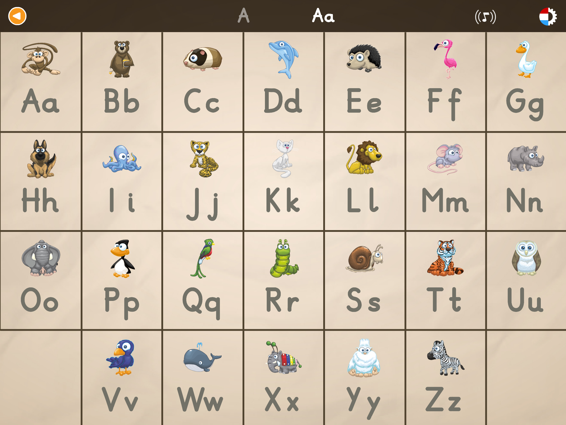 Overzicht van het alfabet A tot Z met dierenillustraties in de educatieve leerapp ABC met Yeti.