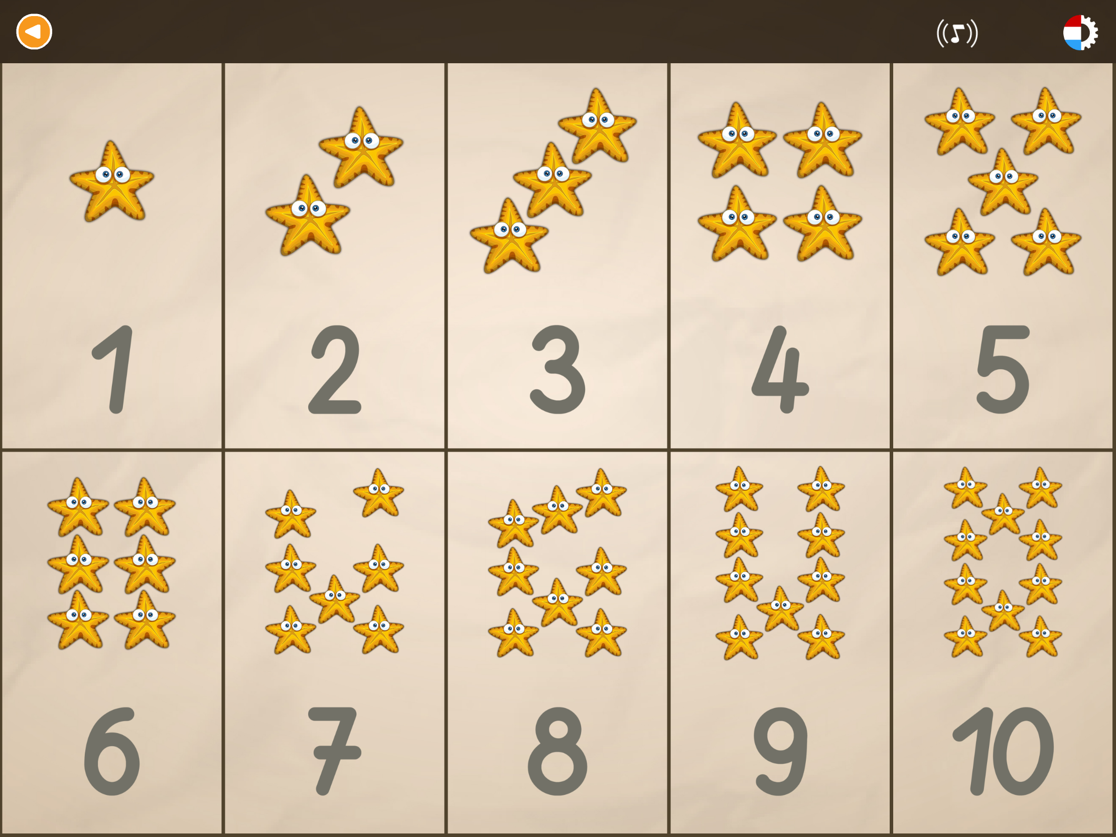 Kind leert de cijfers 1 tot en met 10 met sterren in de educatieve leerapp ABC met Yeti.