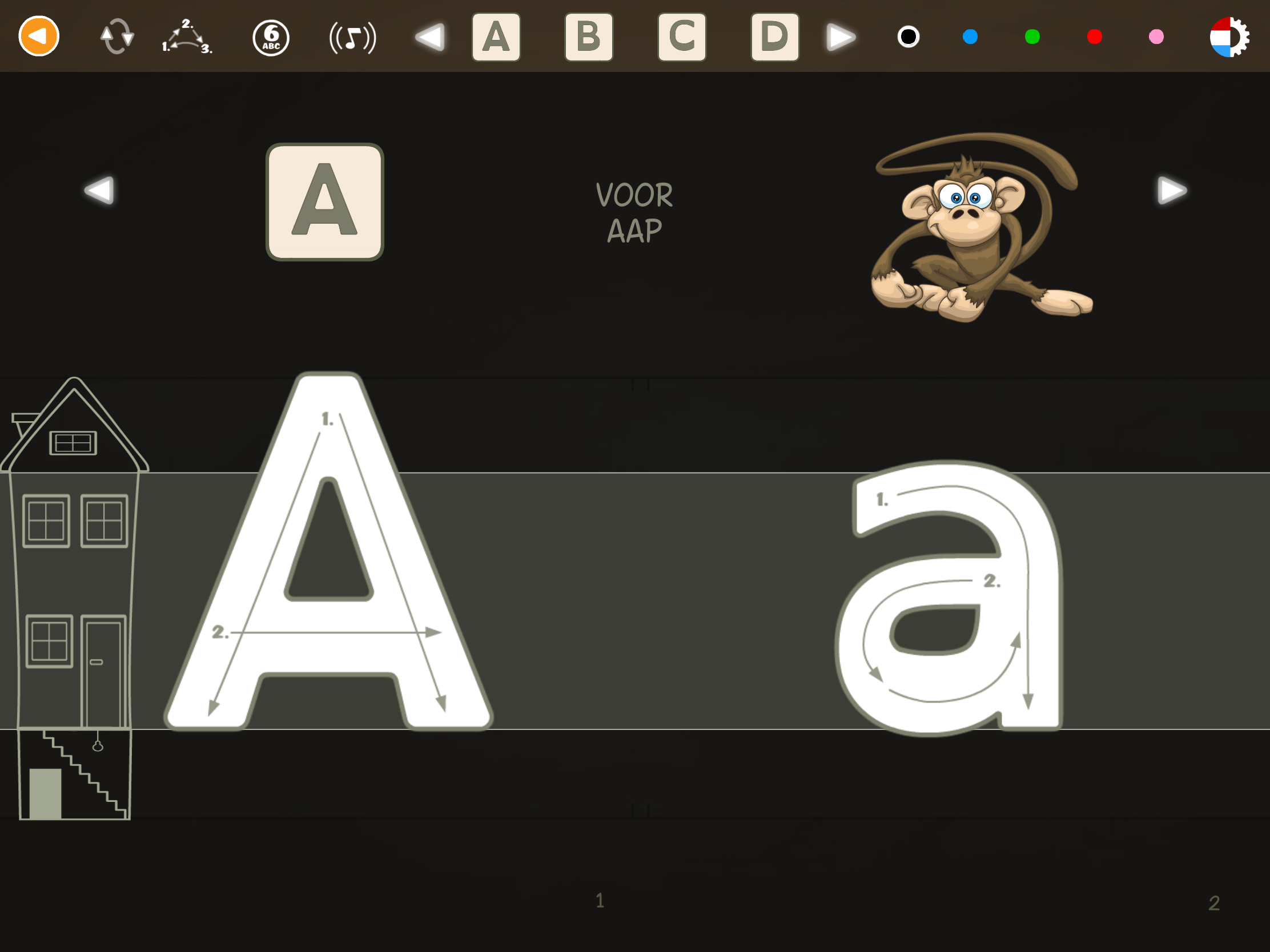 Dyslexiemodus in ABC met Yeti waarin kinderen de hoofdletter en kleine letter A leren schrijven met de illustratie van een aap.