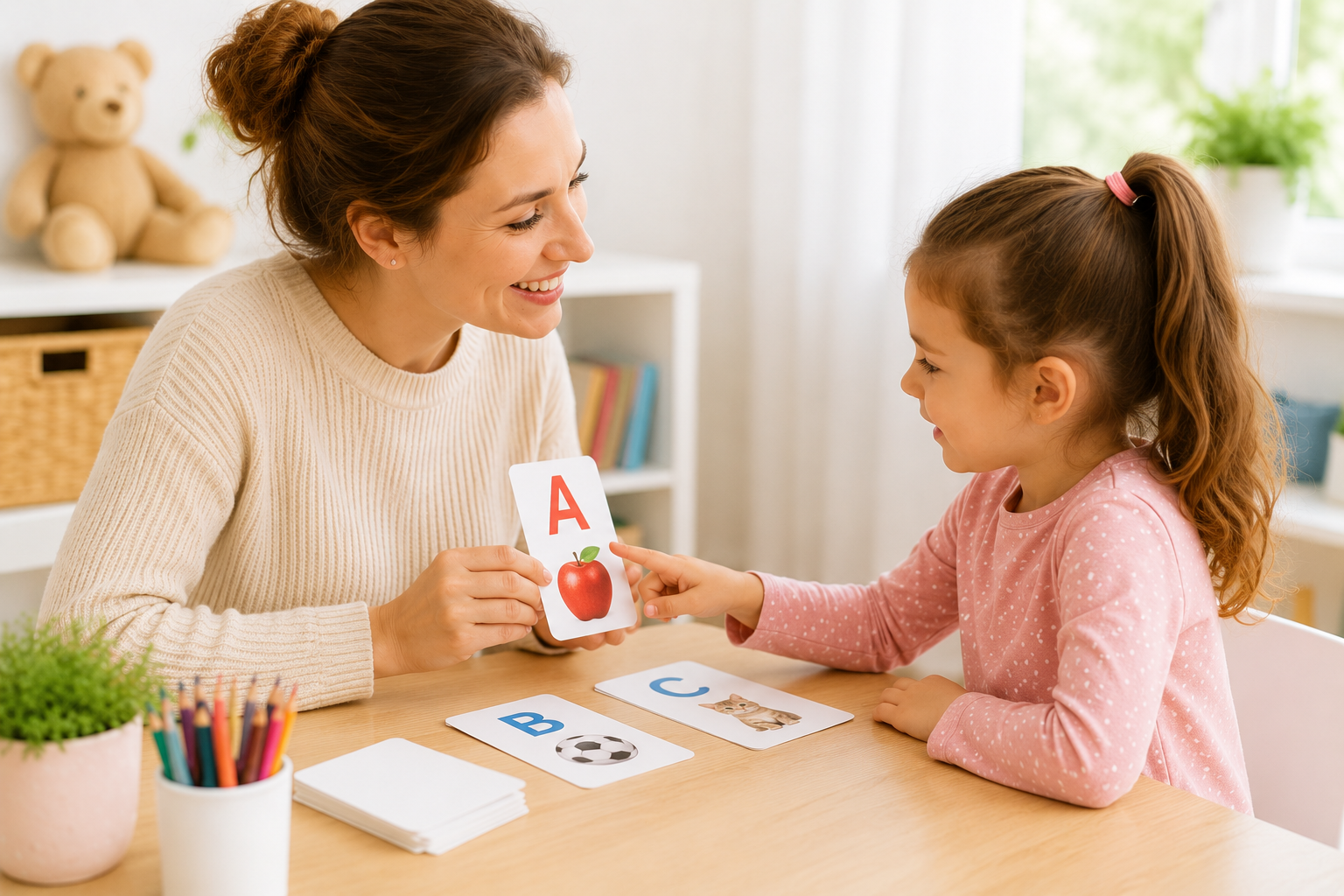 Mutter lernt mit ihrer Tochter Anlaute und erste Buchstaben-Laut-Verbindungen mithilfe von Buchstabenkarten am Tisch.