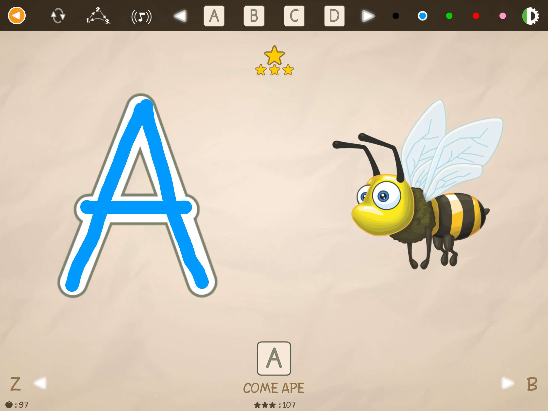 Bambino che esercita la lettera A come Ape nell'app educativa ABC con Yeti, imparando l'alfabeto e la scrittura in modo divertente.