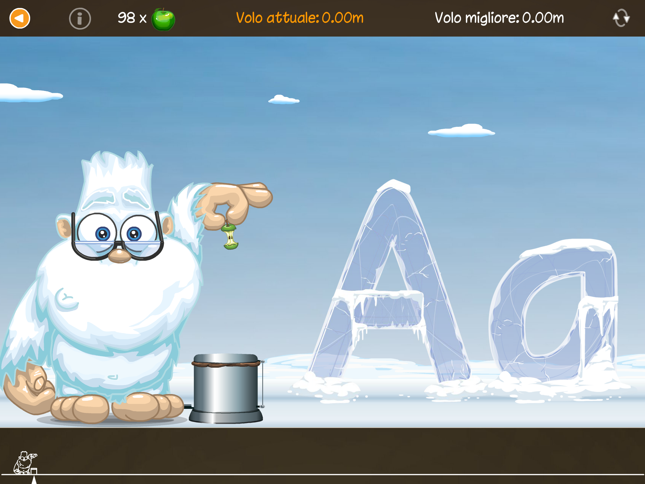 Mini gioco dello Yeti in ABC con Yeti, in cui i bambini lanciano un torsolo di mela contro lettere di ghiaccio per imparare l'alfabeto divertendosi.