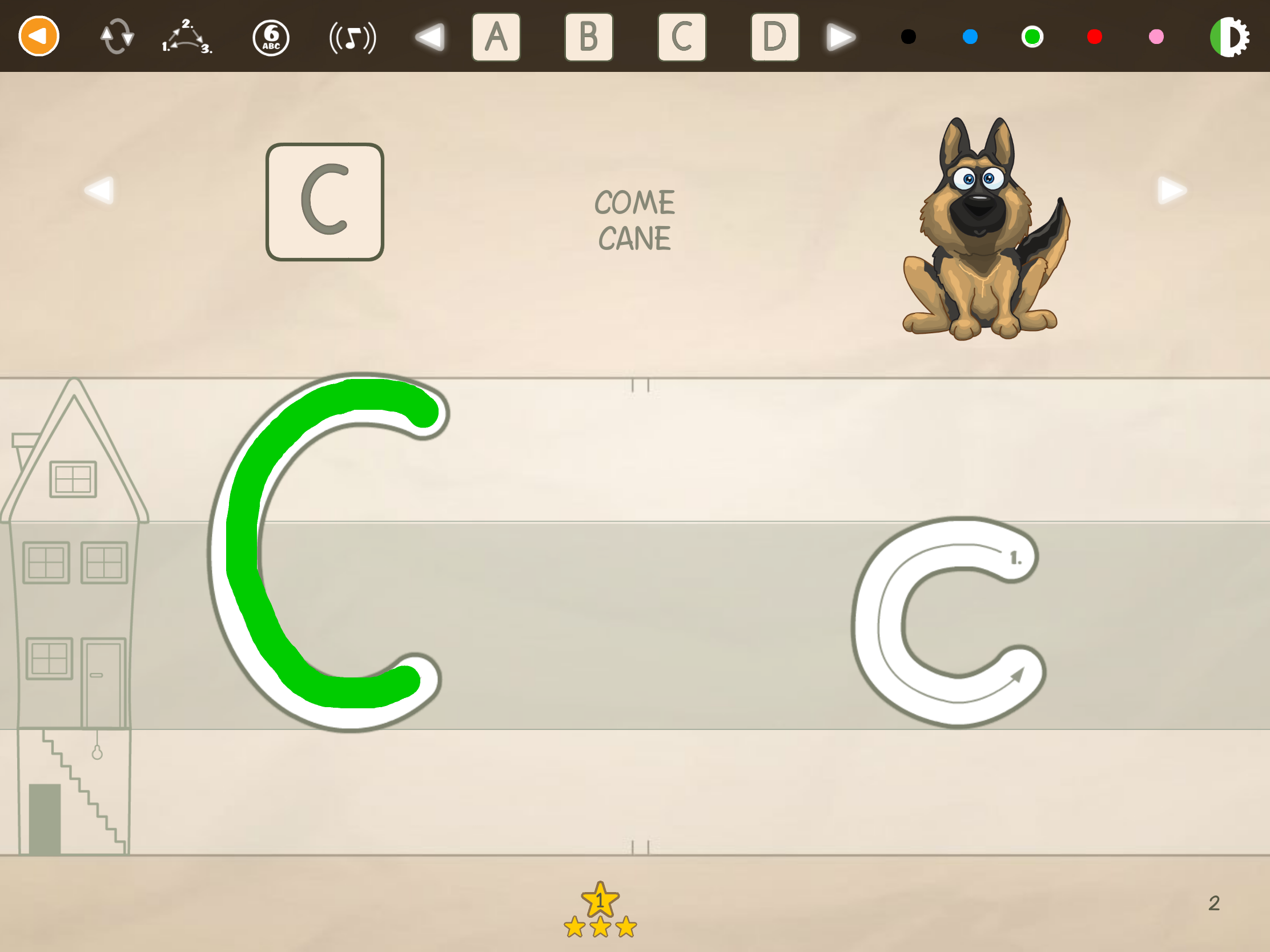Schermata dell'app educativa ABC con Yeti con esercizio di scrittura della lettera C e l'animale Cane.