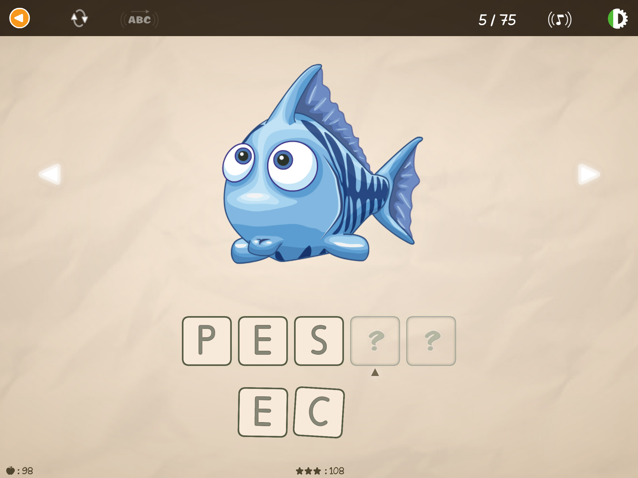 Schermata dell'app educativa ABC con Yeti in cui i bambini completano la parola Pesce scegliendo le lettere corrette.
