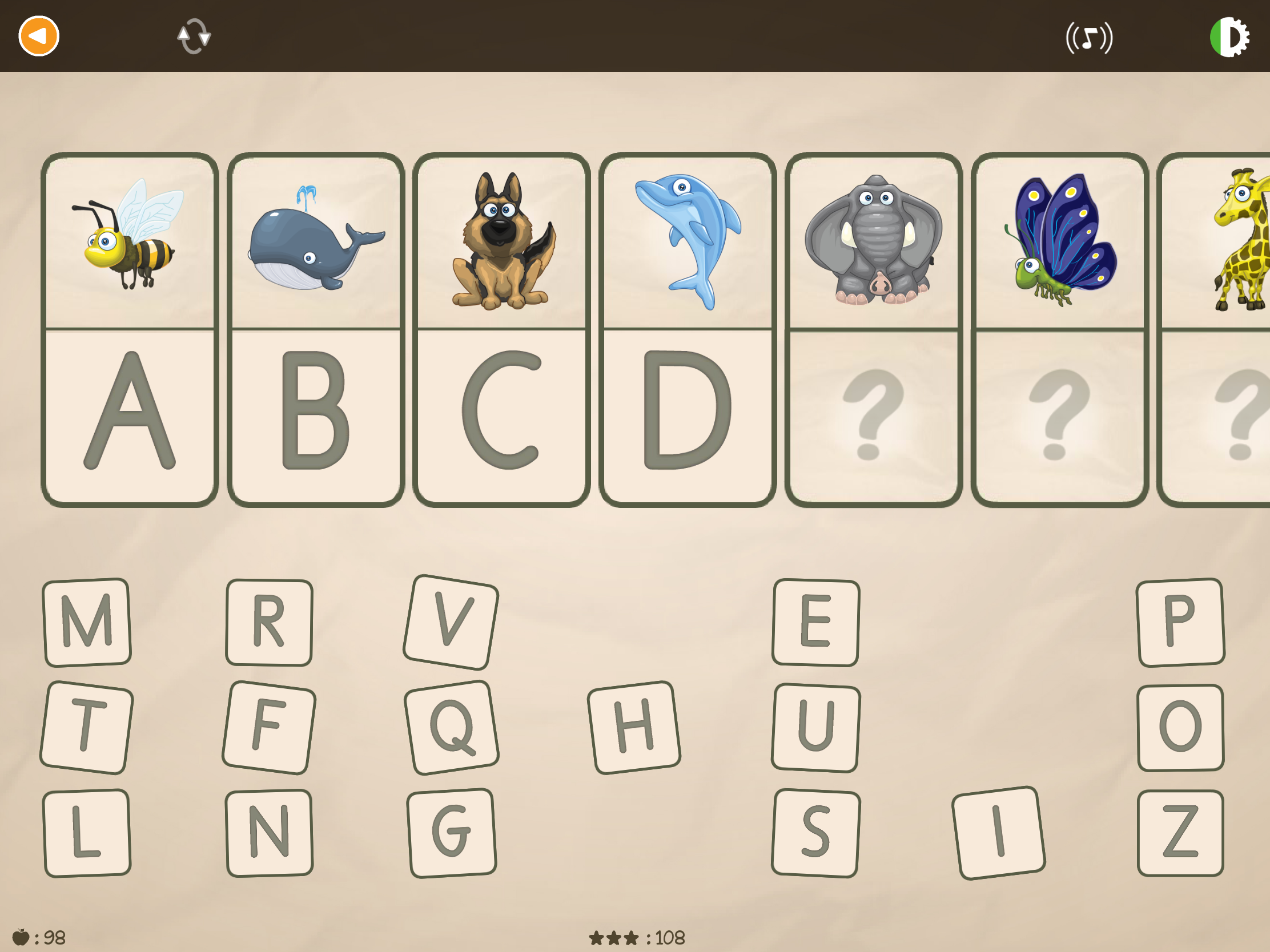 Schermata dell'app educativa ABC con Yeti con un'attività di associazione tra lettere e animali per imparare l'alfabeto.