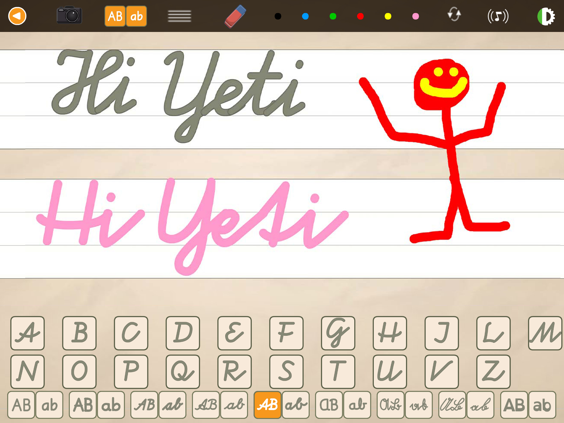 Schermata dell'app educativa ABC con Yeti in cui i bambini esercitano la scrittura libera, disegnano e scrivono con diversi caratteri scolastici.
