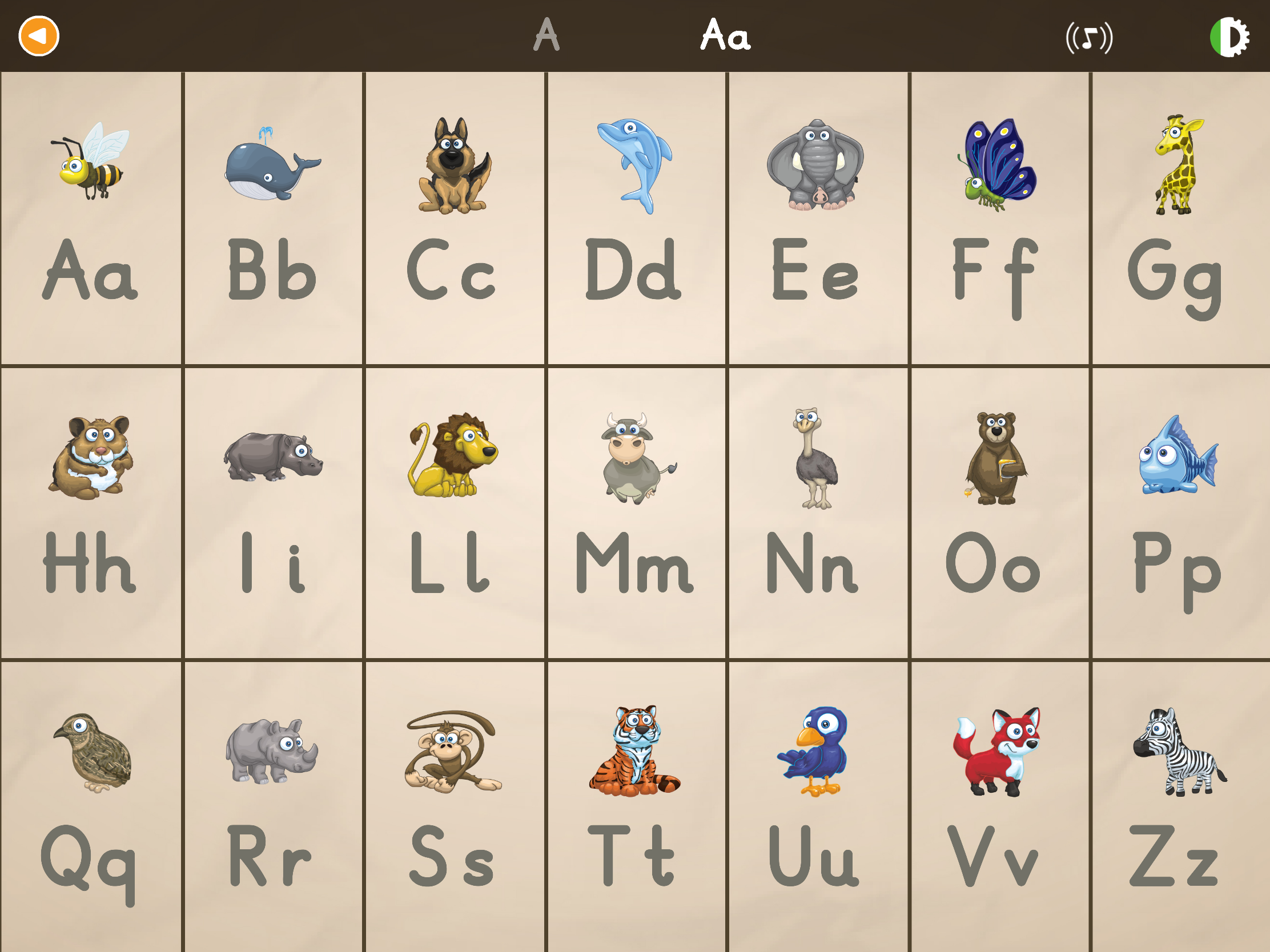Tabella dell'alfabeto illustrata nell'app educativa ABC con Yeti, con ogni lettera associata a un animale per facilitare l'apprendimento.