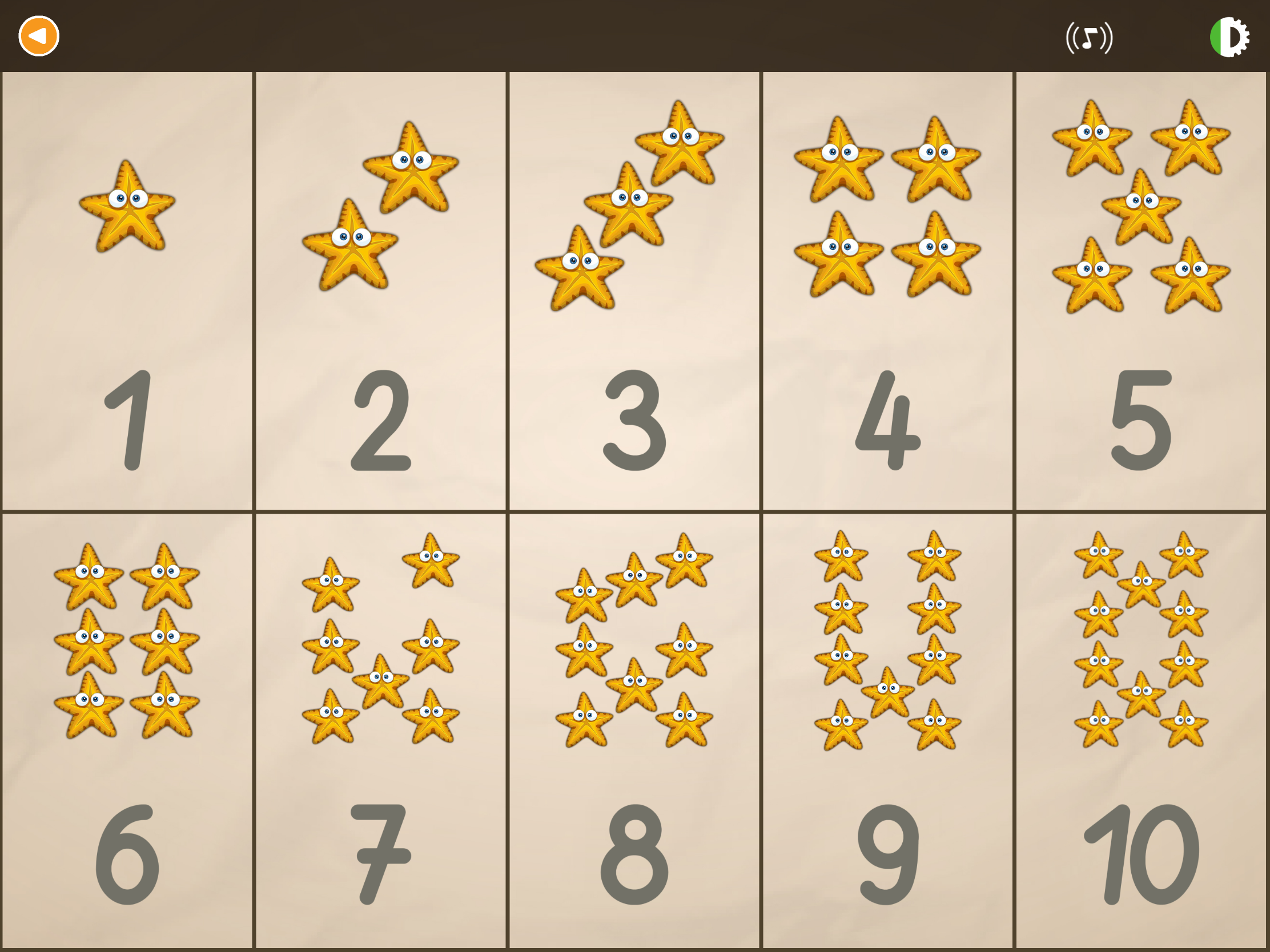 Schermata dell'app educativa ABC con Yeti per imparare a contare e riconoscere i numeri da 1 a 10.
