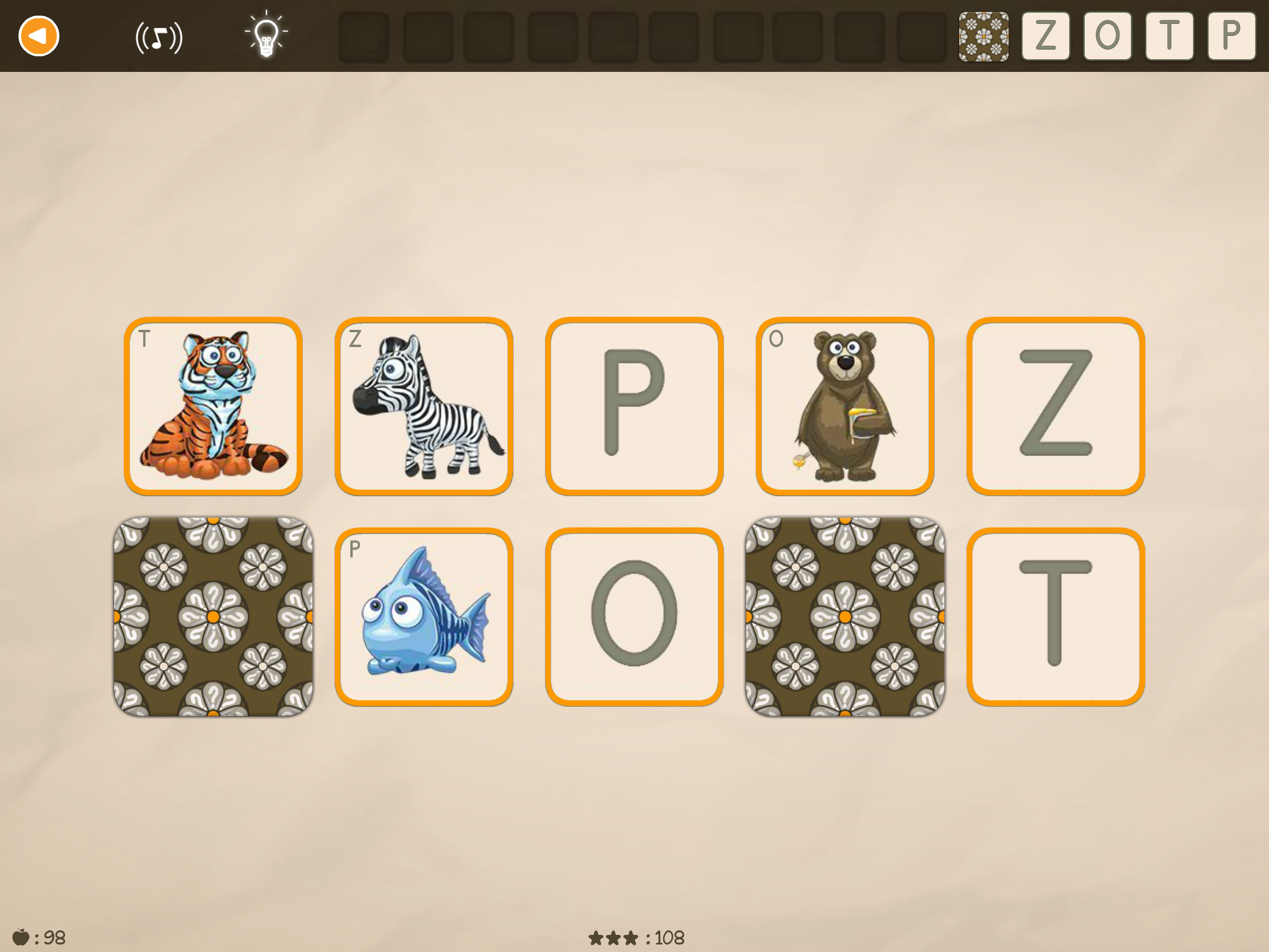 Schermata dell'app educativa ABC con Yeti con un gioco di memoria per abbinare lettere e animali.