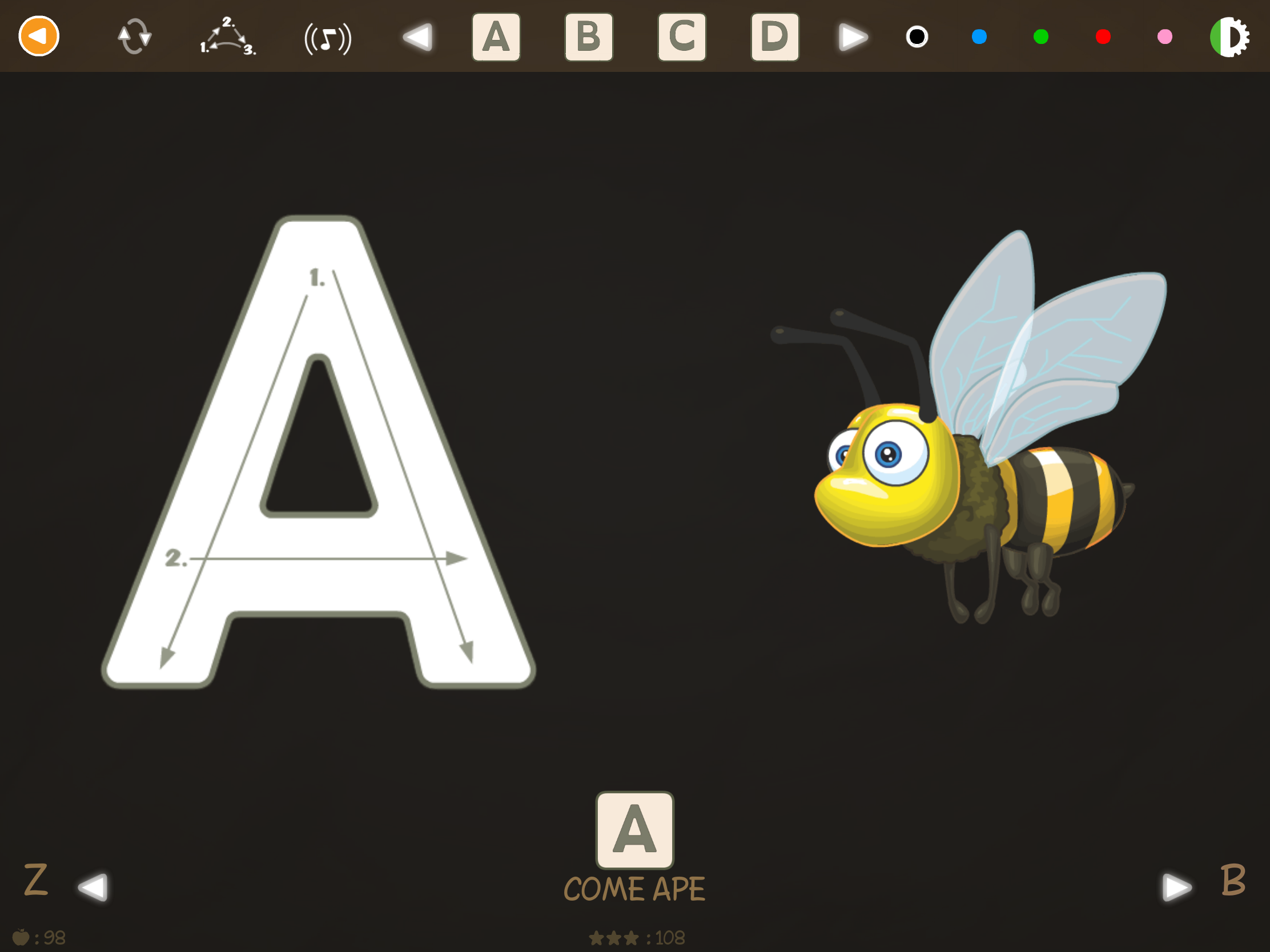 Schermata dell'app educativa ABC con Yeti che mostra l'ordine corretto dei tratti per scrivere la lettera A con l'esempio A come Ape.