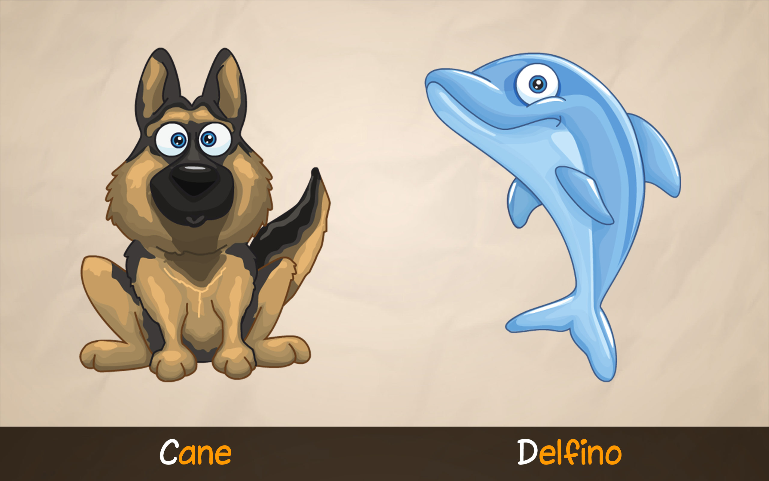 Illustrazioni di un cane e di un delfino per imparare la lettera C e la lettera D con l'app educativa ABC con Yeti.