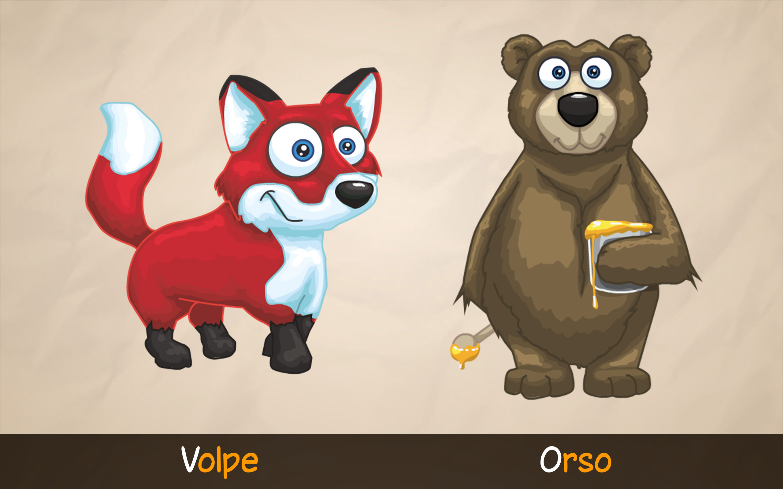 Illustrazioni di una volpe e di un orso per imparare la lettera V e la lettera O con l'app educativa ABC con Yeti.